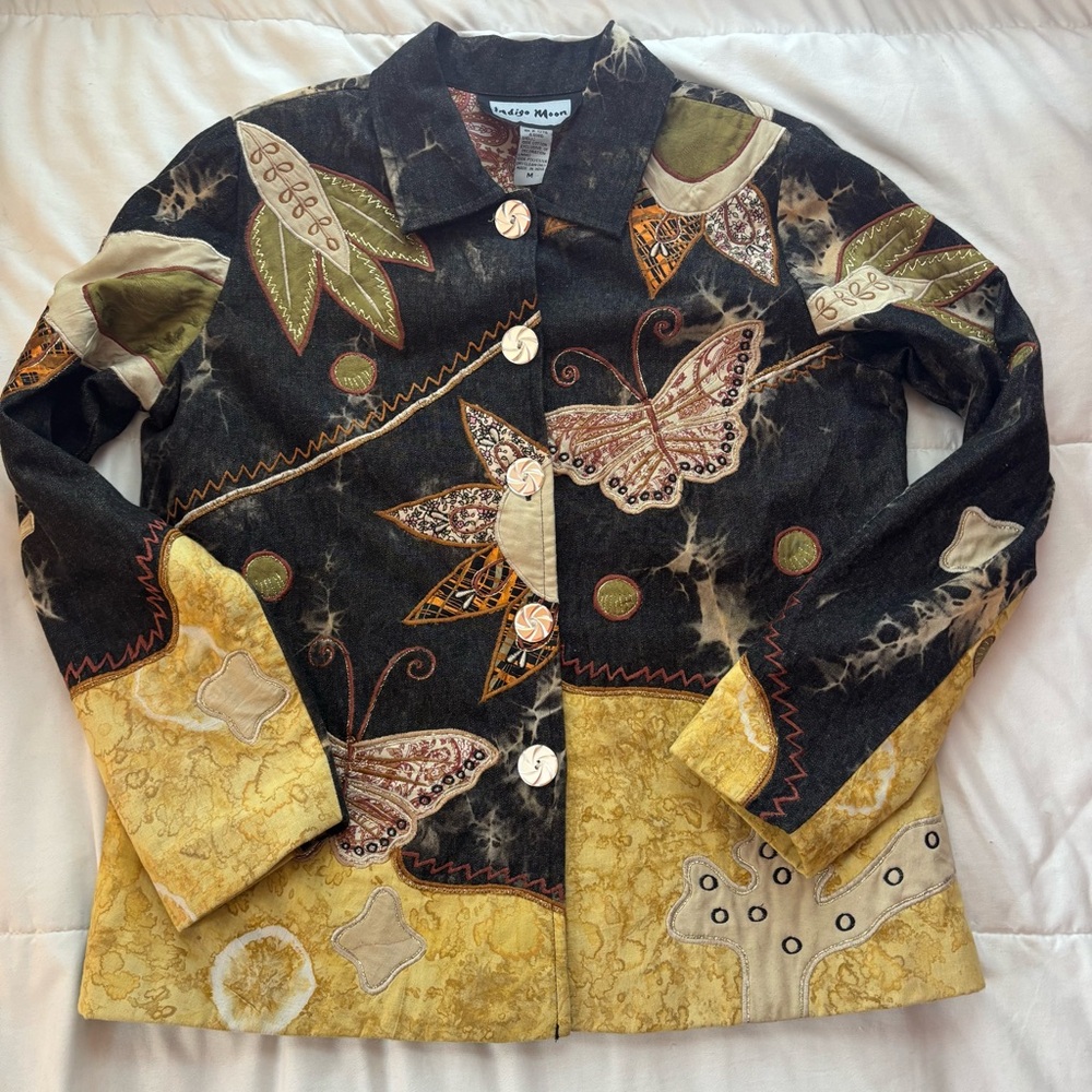 Indigo Moon Butterfly Patchwork Embroidered Jacket Size Medium